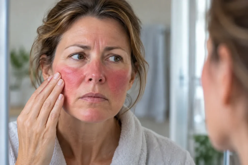 Woman with visible facial redness and flushed red cheeks