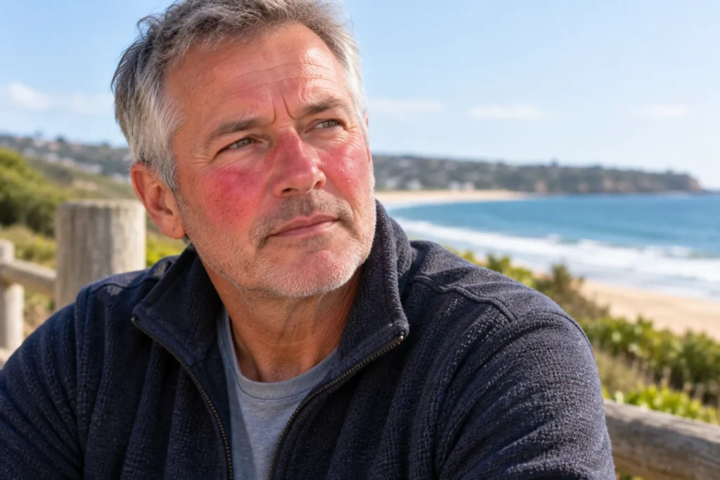 Mature man with visible facial redness illustrating dry sensitive and reactive skin