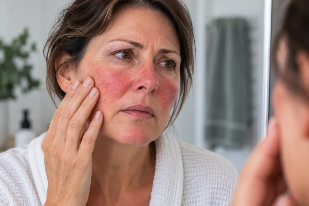 Woman with red cheeks illustrating sensitive, burning and reactive facial skin