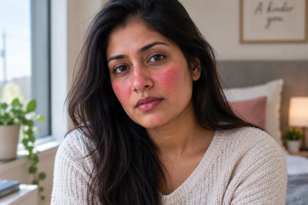 Young woman with visible cheek redness illustrating burning, stinging and reactive skin