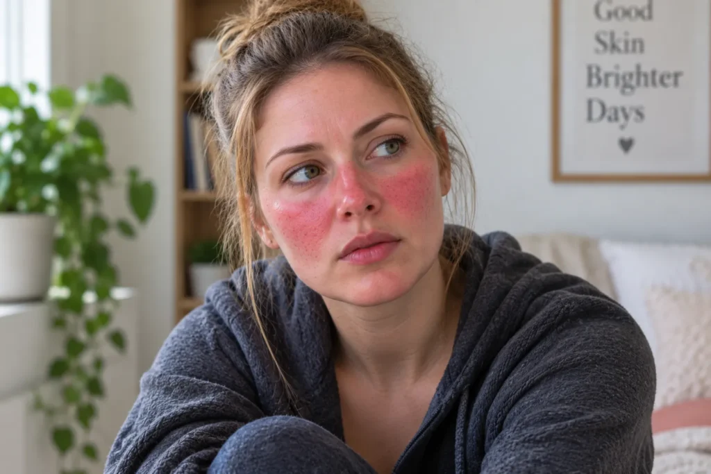 Woman with red dry-looking facial skin illustrating signs of a stressed skin barrier