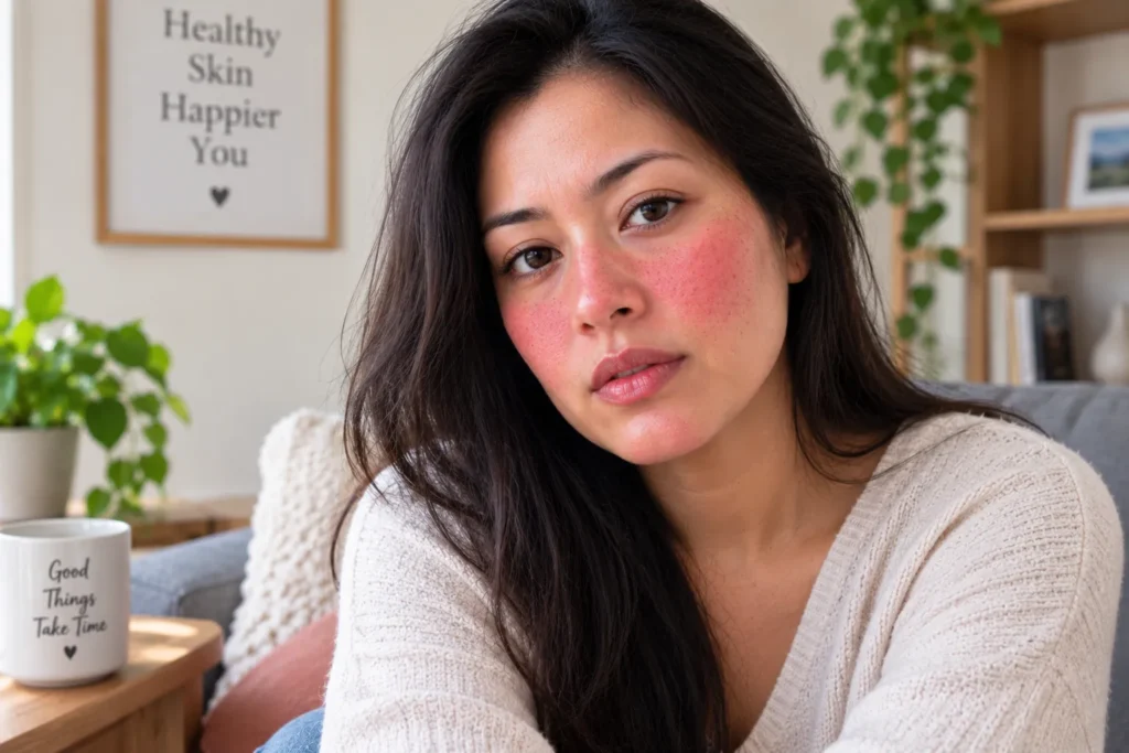 Person with visibly flushed red cheeks illustrating common facial redness triggers
