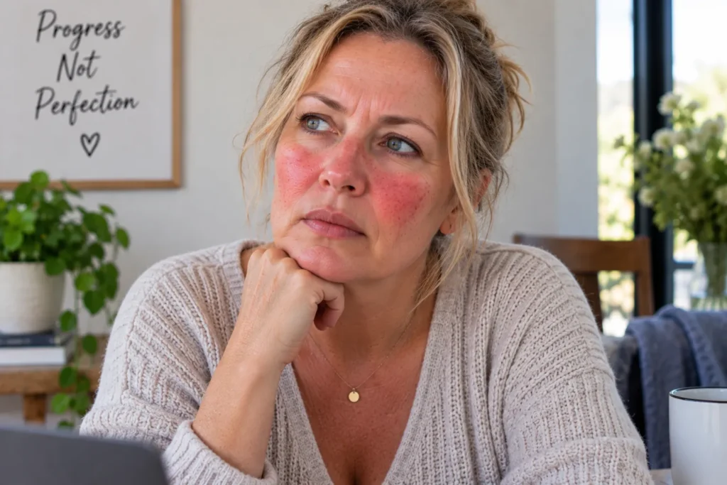 Mature woman with visible facial redness illustrating dry reactive skin during midlife and menopause