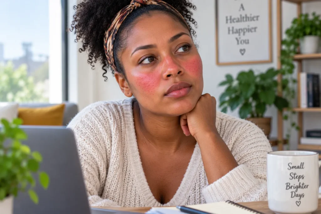 Woman with visible cheek redness and dry irritated-looking facial skin
