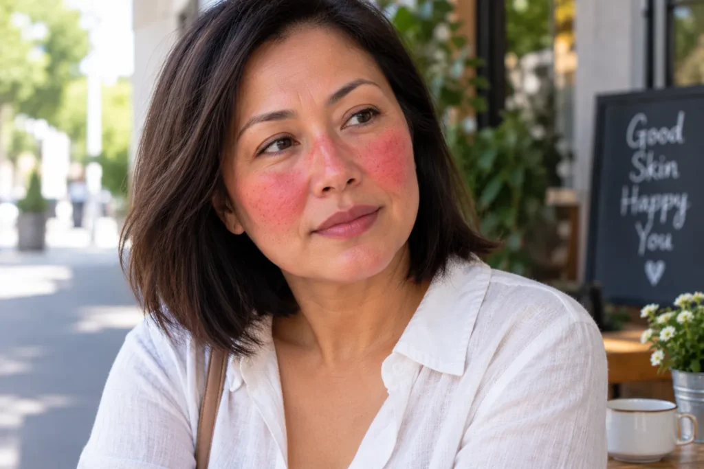 Woman with visible facial redness illustrating sensitive skin that may need barrier support