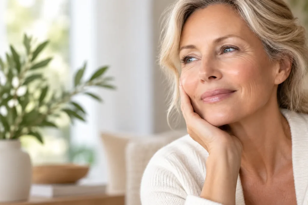 Mature woman with healthy-looking skin illustrating dry aging skin care and the Skin Trifecta Method