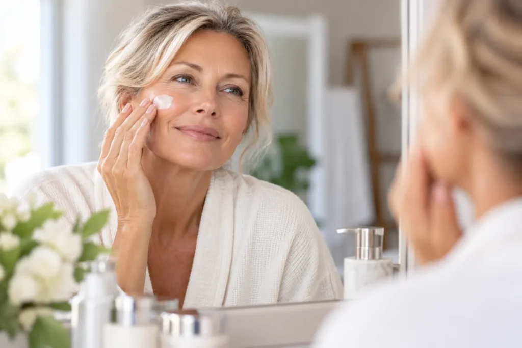 Mature woman applying moisturiser as part of a simple morning and night skincare routine for dry aging skin