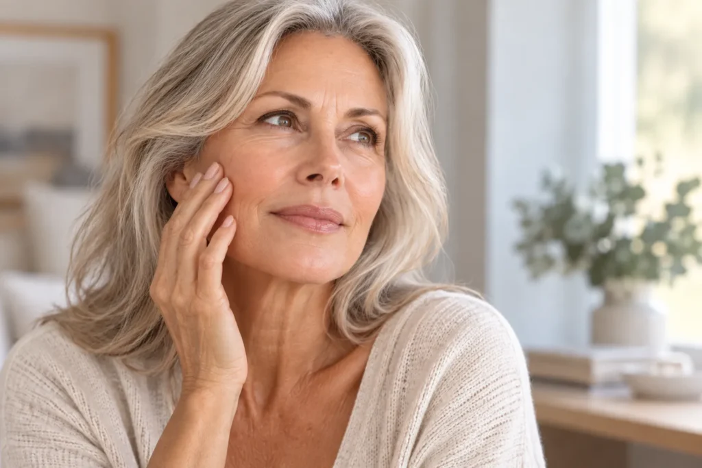 Mature woman touching her cheek, illustrating causes of dry skin after 50, 60 and 70 and mature skin nourishment