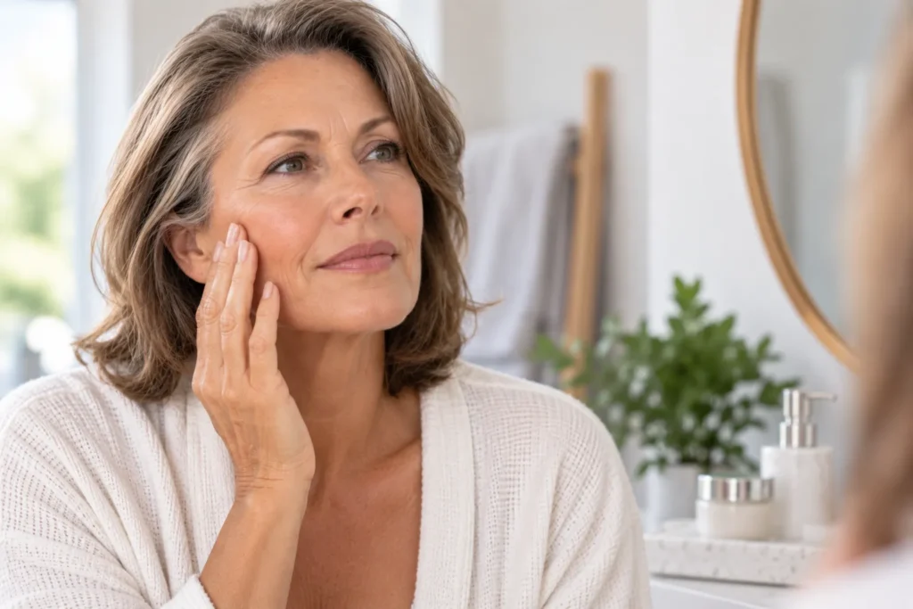 Mature woman gently touching her cheek, illustrating damaged skin barrier signs, repair and barrier-supportive skincare