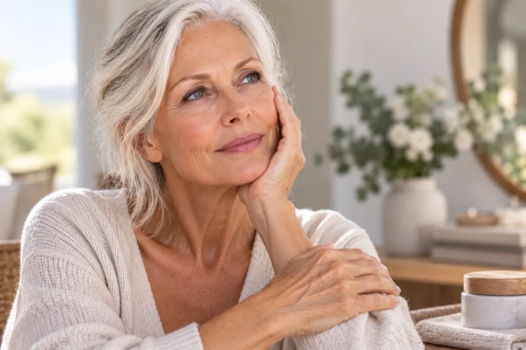 Older woman with naturally mature skin, illustrating crepey, thin and wrinkled skin after 60 and supportive mature skincare