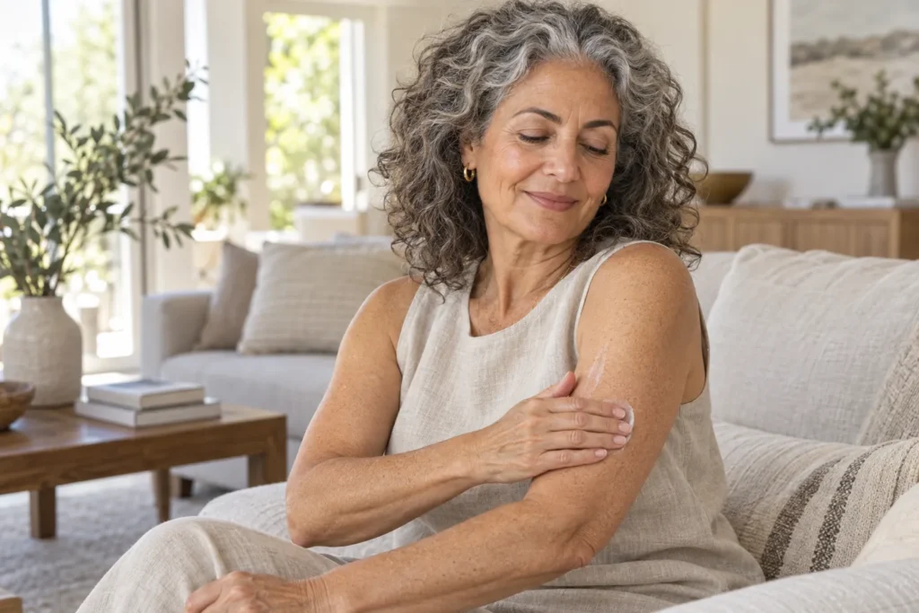 Mature woman caring for dry crepey skin on her upper arm