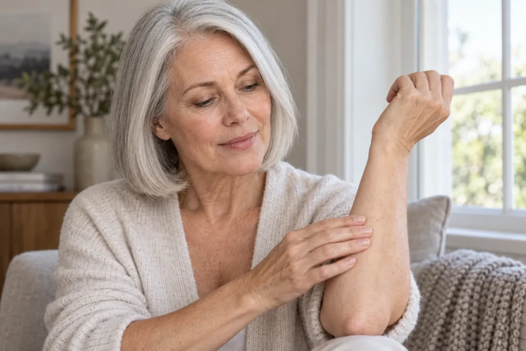 Mature woman assessing dry or dehydrated skin on her face