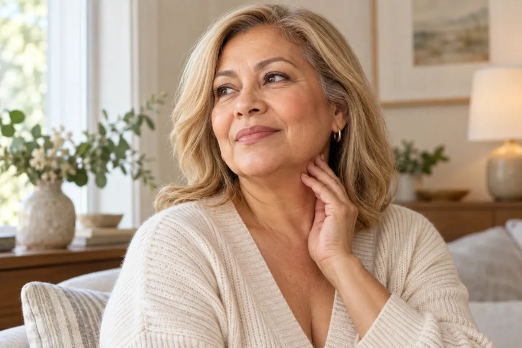 Mature woman experiencing dry skin changes during menopause