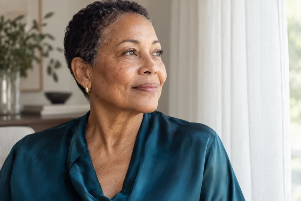 Mature woman over 50 with natural uneven looking skin tone and healthy mature skin