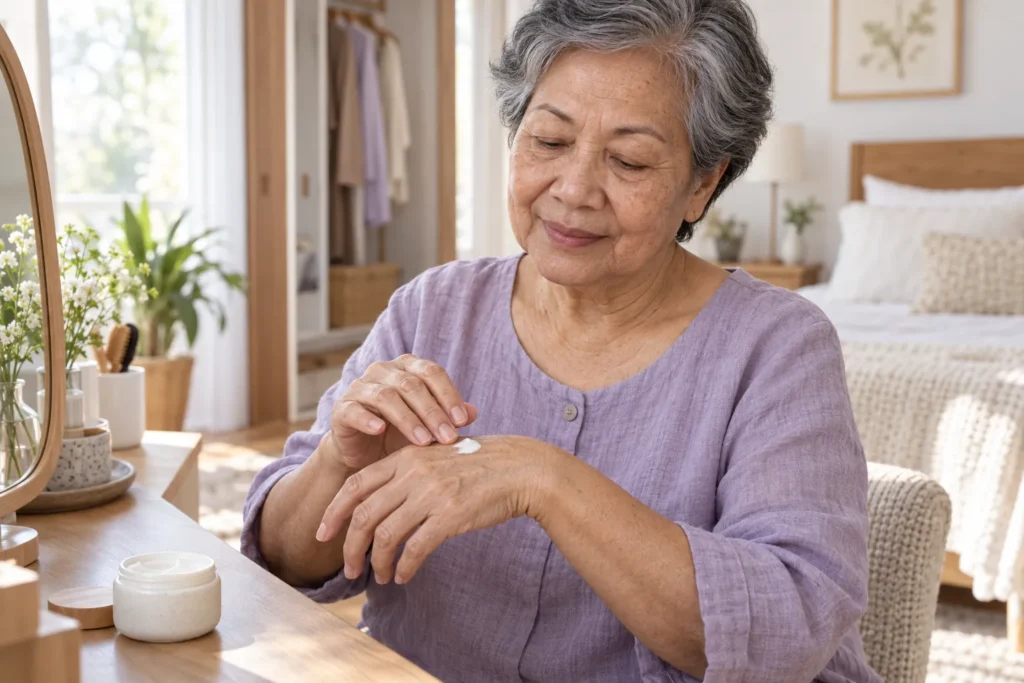 Mature woman noticing dry skin returning after applying moisturiser