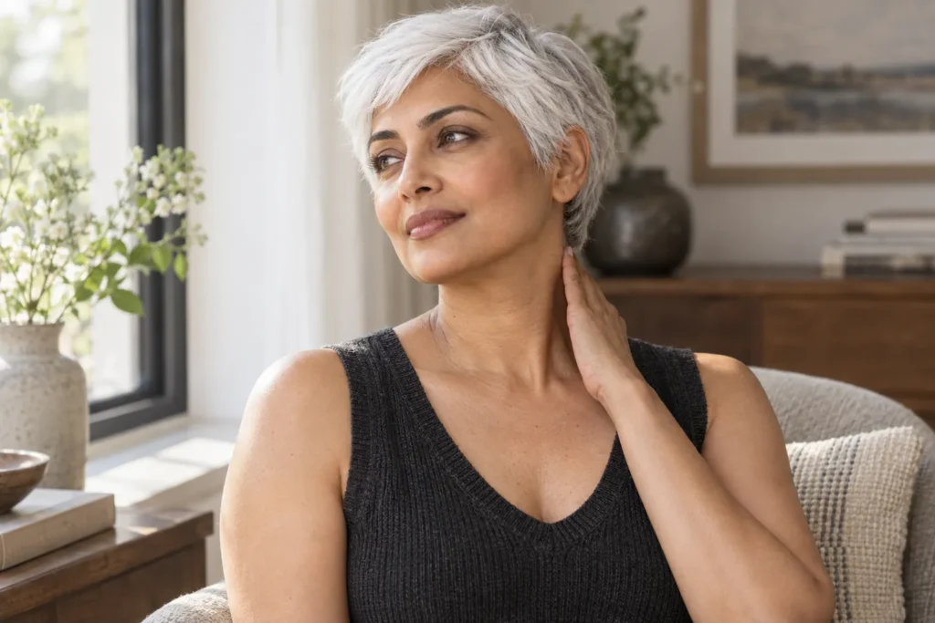 Mature woman over 60 caring for dry crepey skin on her neck