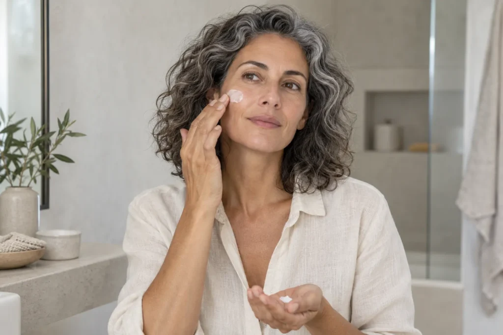 Mature woman with dry sensitive skin after over exfoliating her face