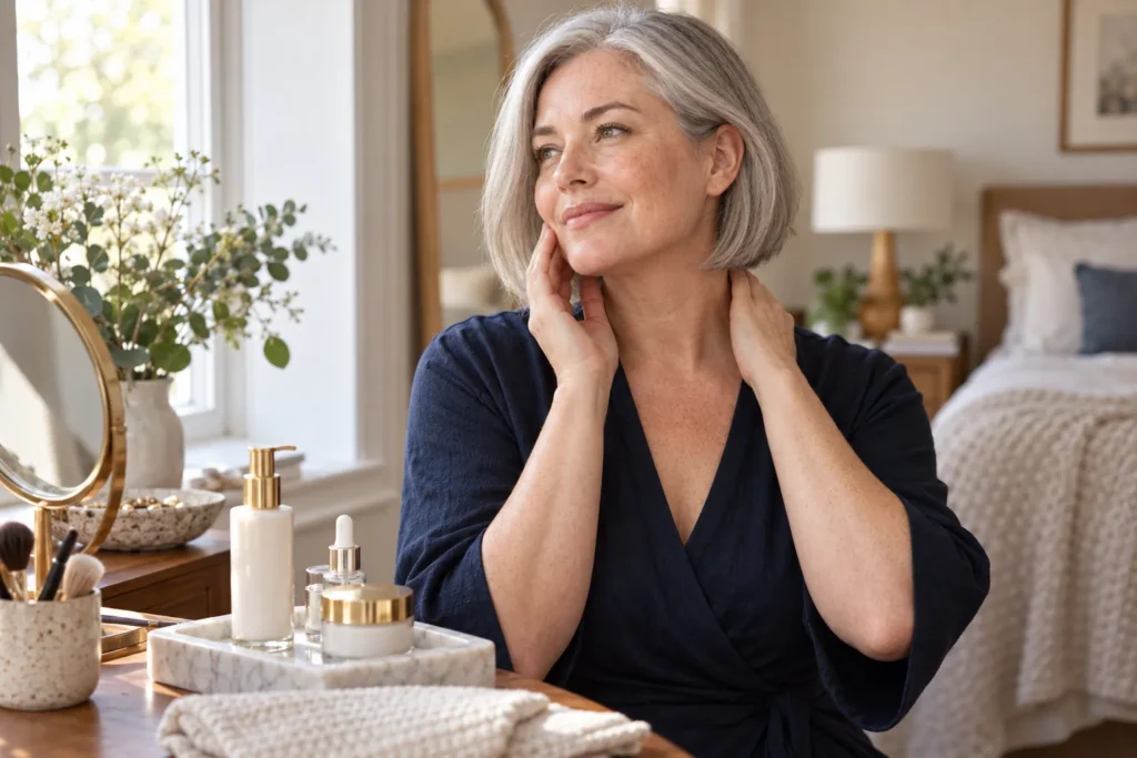 Mature woman caring for dry skin during menopause as part of a simple skincare routine