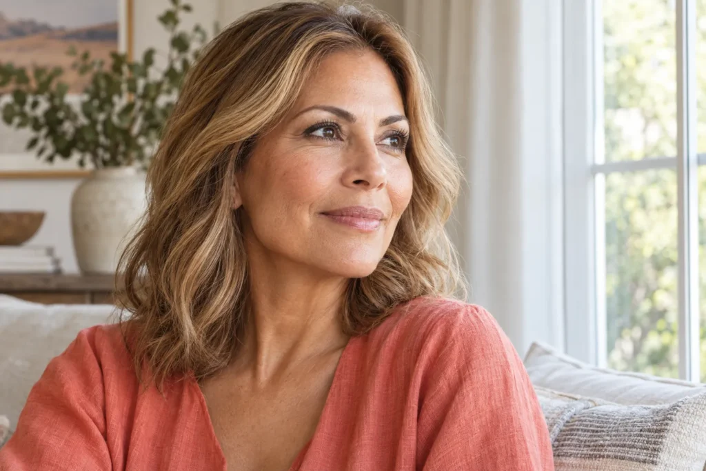 Mature woman with dull dry skin looking at her complexion in natural light