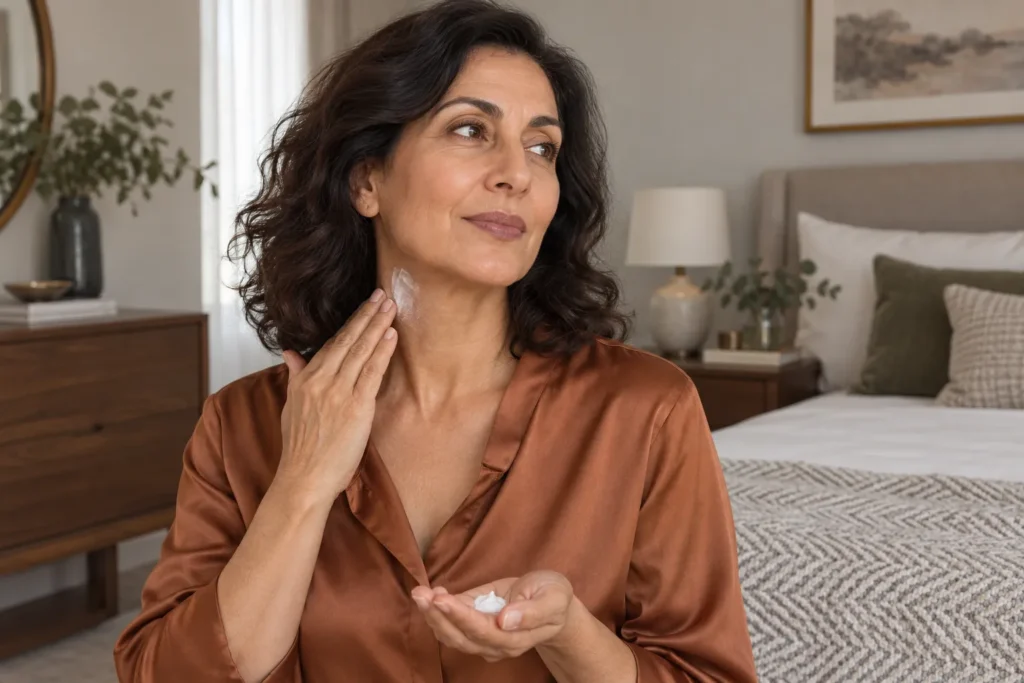 Mature woman over 60 caring for dry skin with moisturiser
