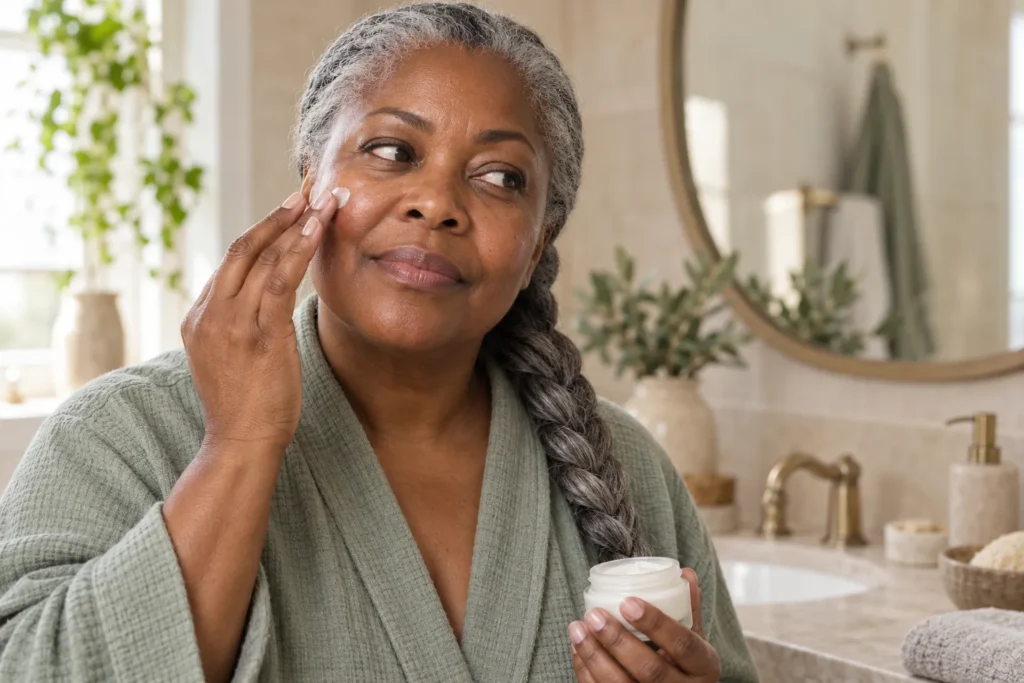 Mature woman experiencing facial stinging or sensitivity after applying moisturiser