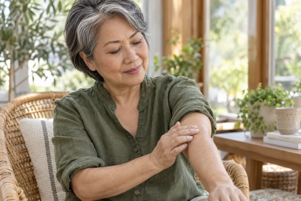 Mature person over 60 caring for dry itchy feeling skin