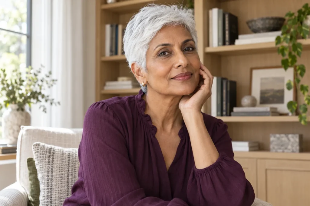 Mature woman observing calmer more comfortable skin as her skincare routine supports the skin barrier