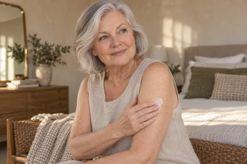 Mature woman applying moisturising cream to dry body skin as part of her skincare routine