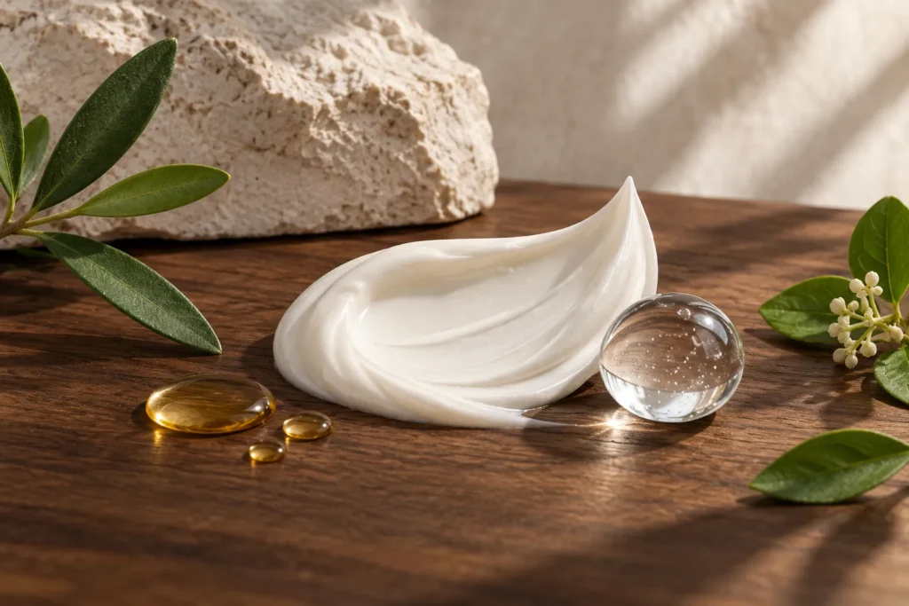 Mature woman applying moisturiser as part of a multi functional skincare routine for dry mature skin