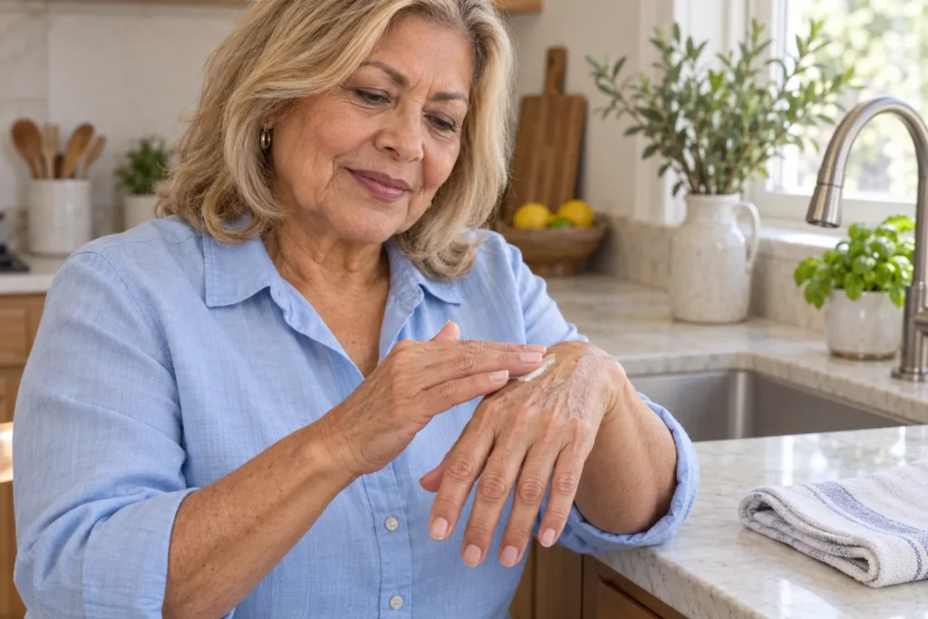 Mature hands being moisturised after frequent hand washing to help keep dry skin soft and comfortable