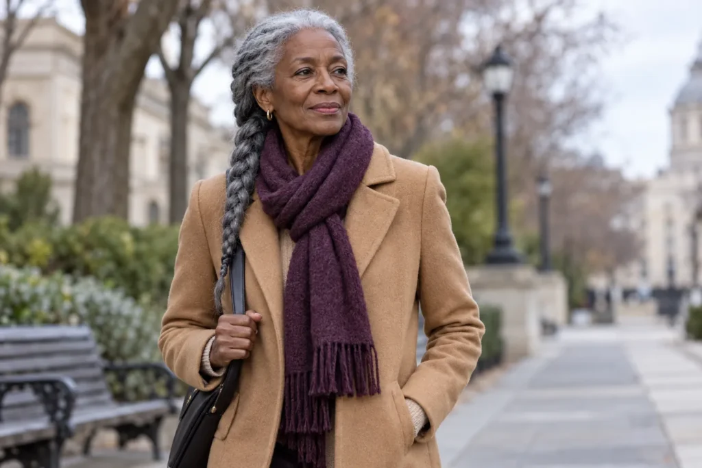 Mature woman caring for dry skin during winter as part of a gentle moisturising skincare routine