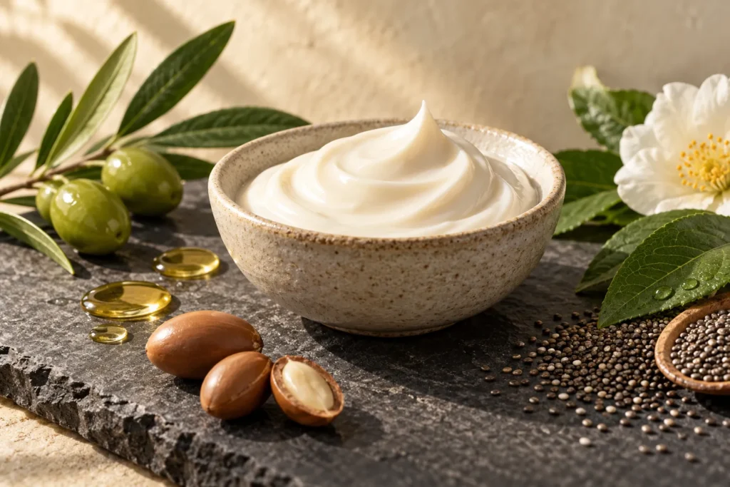 Mature woman caring for dry skin with moisturiser as part of a nourishing skincare routine