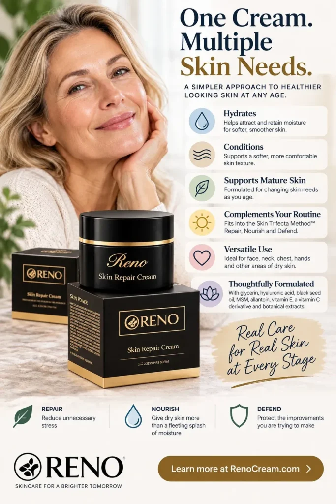 Reno Skin Repair Cream showing one cream for multiple dry and mature skin needs